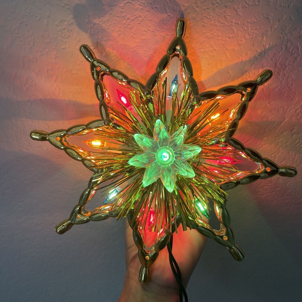Vintage TINSEL LIGHT UP STAR Christmas Tree Topper Hard Plastic MCM 8" *NO STEM